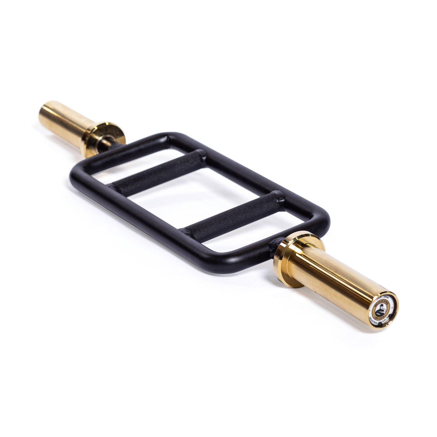 The Bells of Steel Tricep Bar features ergonomic black handles and gold Cerakote rotating sleeves on each end, ideal for weightlifting exercises.