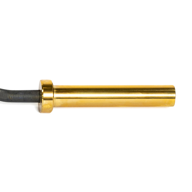 The Rackable EZ Curl Bar by Bells of Steel is a cylindrical gold metal rod with a black cable at one end, isolated on a white background.