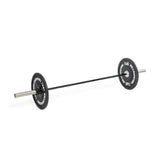 The rust-resistant Juno Bar - Women’s Utility Bar from Bells of Steel, featuring a long metal bar and black weight plates with white text, rests on a white background. Ideal for powerlifting enthusiasts seeking reliable equipment.