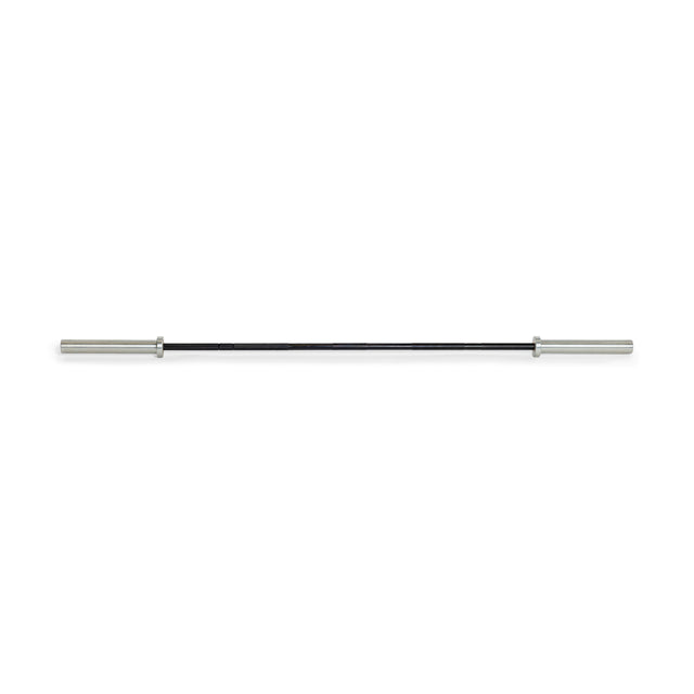 The Juno Bar by Bells of Steel, a rust-resistant powerlifting barbell featuring silver ends and a black center shaft, is displayed on a white background.