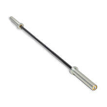 The Bells of Steel Juno Bar - Women’s Utility Bar features silver sleeves and a black textured grip, making it ideal for women’s weightlifting; shown diagonally against a white background.