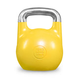 A yellow Bells of Steel Competition Kettlebell with a silver handle, featuring “16 KG” and “35 LB” stamped on the front. As with all competition kettlebells from Bells of Steel, it maintains a uniform size across all weights for consistent training and easy reference to any kettlebell weight guide.