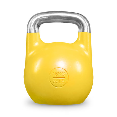 A yellow Bells of Steel Competition Kettlebell with a silver handle, featuring “16 KG” and “35 LB” stamped on the front. As with all competition kettlebells from Bells of Steel, it maintains a uniform size across all weights for consistent training and easy reference to any kettlebell weight guide.