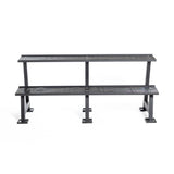 The Bells of Steel Kettlebell Rack is a two-level black metal stand with rectangular slats and square legs, ideal for organizing competition kettlebells in your home gym, shown against a plain white background.