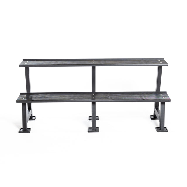 The Bells of Steel Kettlebell Rack is a two-level black metal stand with rectangular slats and square legs, ideal for organizing competition kettlebells in your home gym, shown against a plain white background.