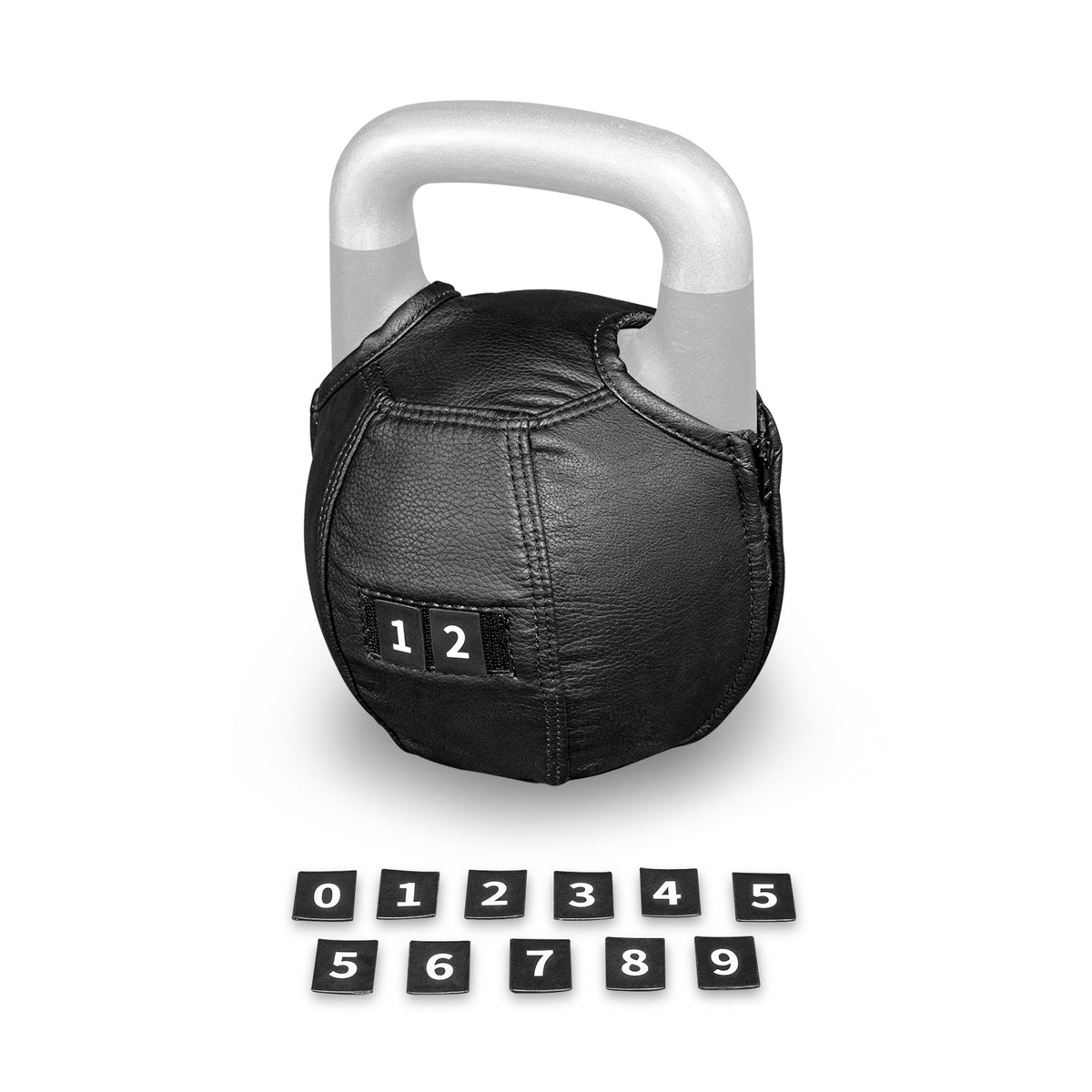 A Kettlebell Wrap by Bells of Steel USA, featuring black leather construction with an adjustable fit, a silver handle, and a patch showing the number 12. In front of the wrap, small black number tiles from 0 to 9 are displayed in two rows.