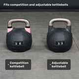 Two kettlebells, one marked 10 and the other 12, rest on a gym floor. Above them, text reads: “Fits Competition Kettlebell and Adjustable Kettlebell,” with additional product labels beneath each weight. The Bells of Steel USA Kettlebell Wrap is perfect for adding comfort and grip to your favorite kettlebell workout.