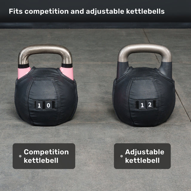 Two kettlebells, one marked 10 and the other 12, rest on a gym floor. Above them, text reads: “Fits Competition Kettlebell and Adjustable Kettlebell,” with additional product labels beneath each weight. The Bells of Steel USA Kettlebell Wrap is perfect for adding comfort and grip to your favorite kettlebell workout.