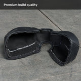 A close-up of the Bells of Steel USA Kettlebell Wrap, a black padded fabric accessory with visible stitching, resting on a gray textured surface. At the top, the image features the text “Premium build quality,” emphasizing the exceptional craftsmanship of this wrap designed specifically for use with Competition Kettlebells.