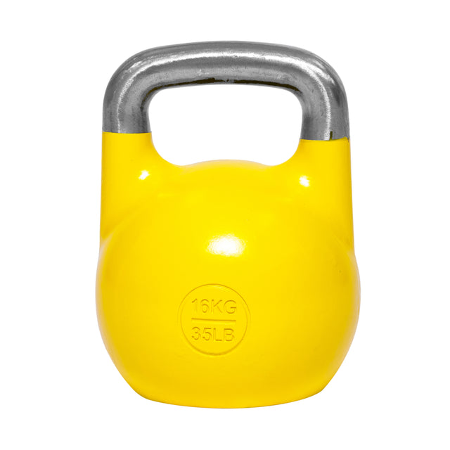 The 16 kg (35 lbs) kettlebell, part of the Wildman Swing Program Kettlebell Bundle by Bells of Steel USA, features a vibrant yellow color and shiny metal handle, perfect for enhancing your fitness routine as seen in Mark Wildman's programs.