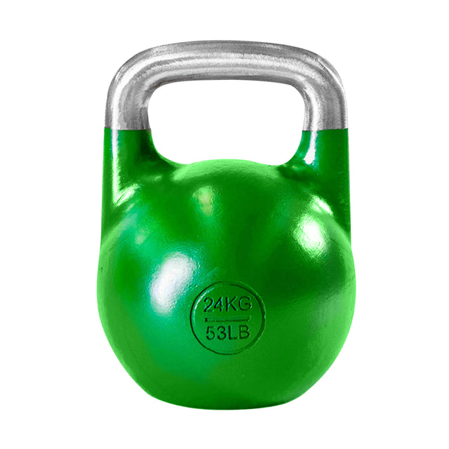 The Bells of Steel USA Wildman Clean & Press Kettlebell Bundle features a green kettlebell with a shiny silver handle, marked "24KG" and "53LB," ideal for enhancing total-body strength in workouts.