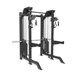 The Bells of Steel THE KOLOSSOS - Smith Functional Trainer is a black multifunctional cable machine and power rack with adjustable arms, pulleys, weight stacks, pull-up bars, safety bars, and an integrated Smith Machine—ideal for home gyms.