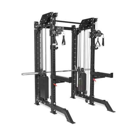 The Bells of Steel THE KOLOSSOS - Smith Functional Trainer is a black multifunctional cable machine and power rack with adjustable arms, pulleys, weight stacks, pull-up bars, safety bars, and an integrated Smith Machine—ideal for home gyms.