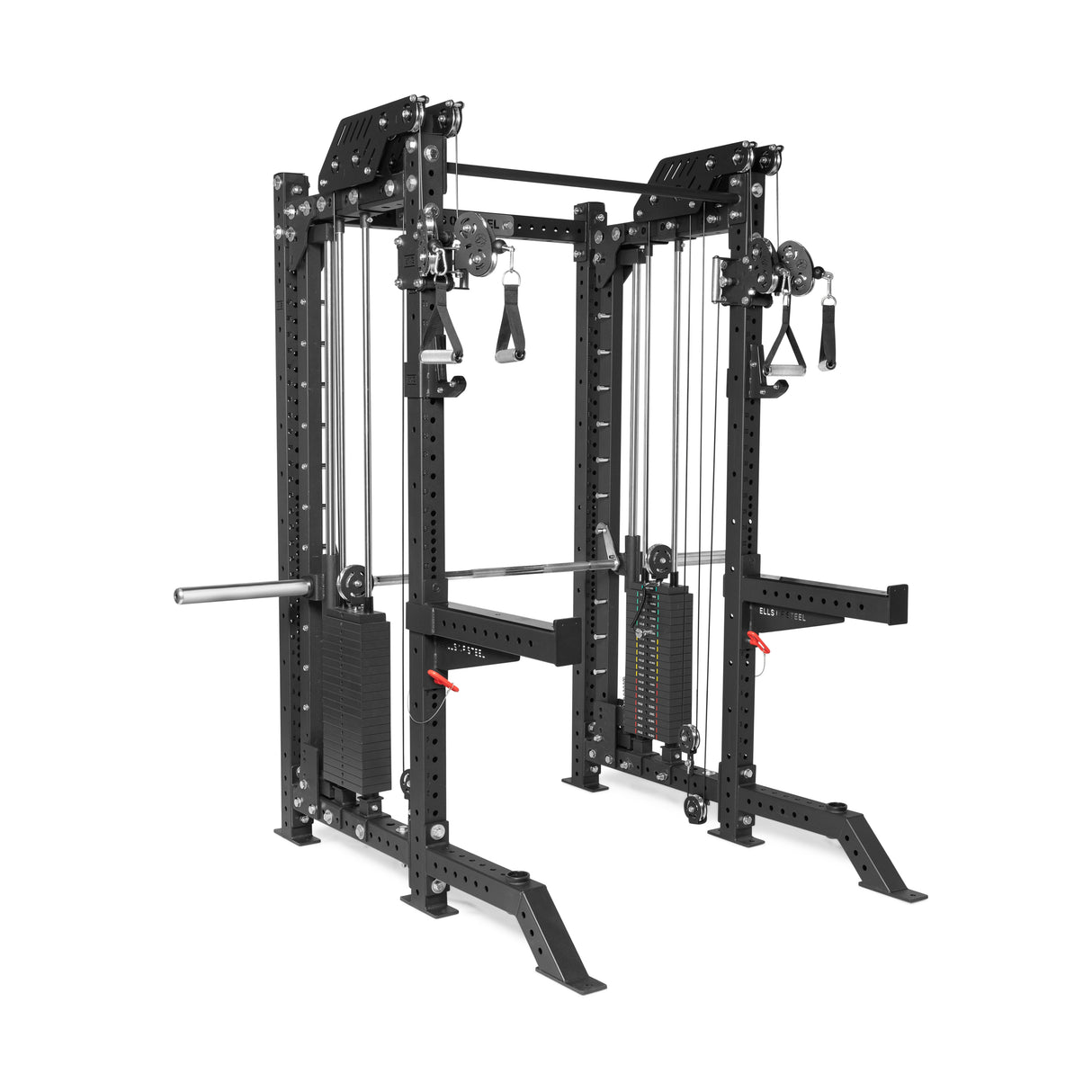 The Bells of Steel's THE KOLOSSOS - Smith Functional Trainer is a black multifunctional cable machine with adjustable weights and pulleys, featuring a weight stack, multiple handles and bars for strength training exercises. It has a sturdy frame, perfect for gym use.