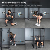 Four images show a man and woman using the Bells of Steel Safety Squat Bar - The SS4 for lunges, good mornings, bent-over rows, and JM presses in a gym with a squat rack. Text above: "Multi-exercise versatility." Perfect for leg day variety.