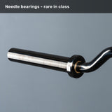 A close-up of Bells of Steel’s Safety Squat Bar - The SS4 shaft and sleeve on a grey background, with text: "Needle bearings – rare in class. Perfect for intense leg day or barbell squats.