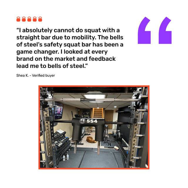 A customer review for the Bells of Steel Safety Squat Bar - The SS4 appears beside a home gym photo, showing the SS4 racked and ready for squats. Dumbbells and gear fill the room as a dog lounges comfortably in the background.