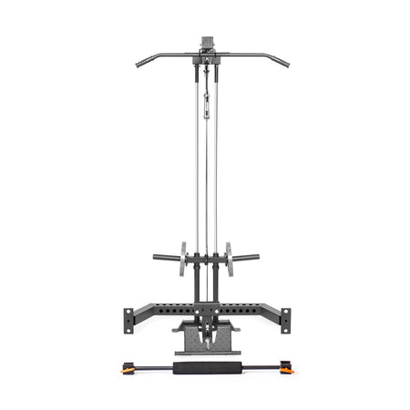 The Bells of Steel Lat Pulldown & Low Row Rack Attachment for Hydra & Manticore is a gray, multi-functional home gym station with pulleys, cables, and a pull-up bar. Designed for strength training, it offers adjustable parts and a compact frame for versatile cable exercises.