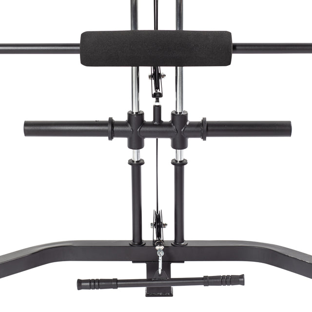 Close-up of the Bells of Steel Rack Lat Pulldown/Row Attachment, a black exercise machine equipped with horizontal bars, a pulley system, and a padded backrest designed for strength training through cable exercises and weight resistance.