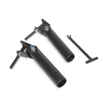 A close-up of the Bells of Steel Landmine Rack Attachment featuring two black handlebar grip extensions with locking mechanisms, accompanied by a T-shaped adjustment tool on a white background, ideal for enhancing your strength training routine with landmine attachment exercises.