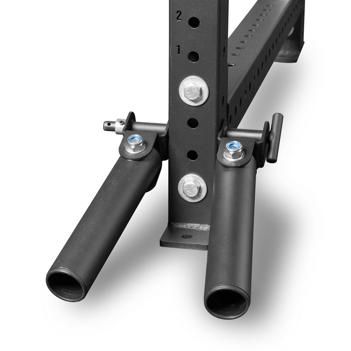 The image showcases a Bells of Steel Landmine Rack Attachment with two cylindrical holders and a vertical support post with numbered holes for height adjustments. Bolts secure it, making it ideal for rotational core and explosive workouts in a home gym setting.