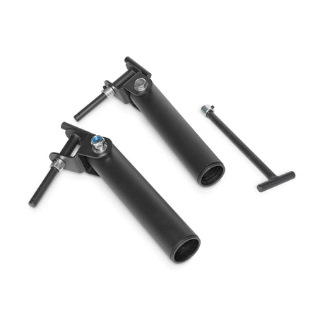 Two black Bells of Steel Landmine Rack Attachment pieces and a T-shaped pin for an Olympic barbell on a white background.