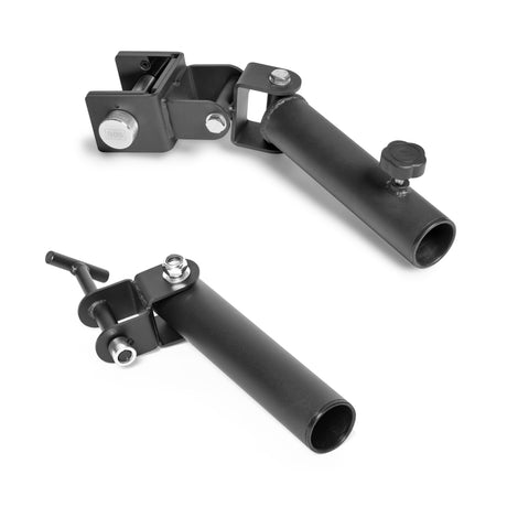 Two black Bells of Steel Landmine Rack Attachment brackets with cylindrical holders and screw knobs, shown at varying angles on a white background, are designed for strengthening workouts. They offer easy attachment and adjustment with durable metal hardware.