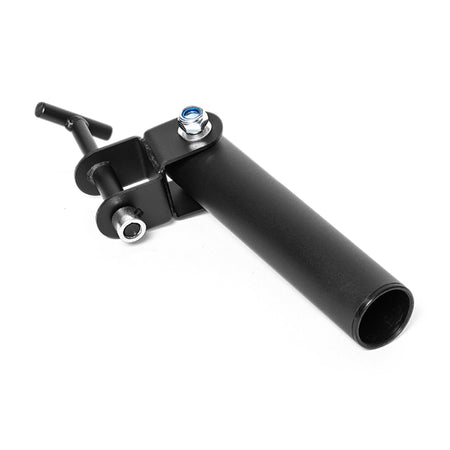Black metal Bells of Steel Landmine Rack Attachment for a squat rack with a pivoting sleeve and mounting pin, designed for Olympic barbell strength workouts.