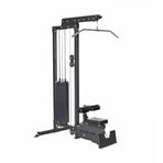 The Bells of Steel Lat Pulldown Low Row Machine is ideal for home gyms, featuring a pulley system for lat pulldowns and low rows, a padded seat, sturdy metal frame, adjustable weight stack, and cable-connected handlebars for effective resistance training.