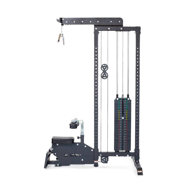 The Bells of Steel Lat Pulldown Low Row Machine is perfect for home gyms, showcasing a side view of weights, pulleys, and an adjustable seat. This sleek black machine supports exercises like lat pulldowns and low rows with its metal components and clearly marked weight stack levels.