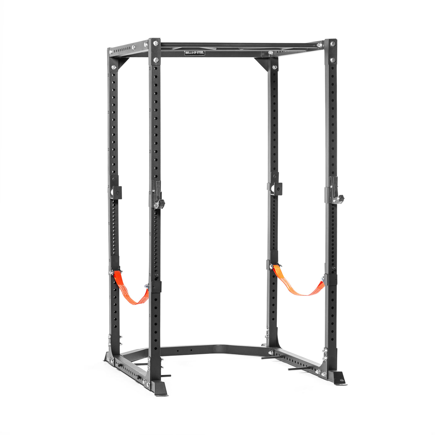 The Bells of Steel Light Commercial Power Rack (2.3" x 2.3", ⅝" holes) features black metal construction, multiple adjustment holes, sturdy uprights, and two orange safety straps for barbell protection—ideal for weightlifting and home use.