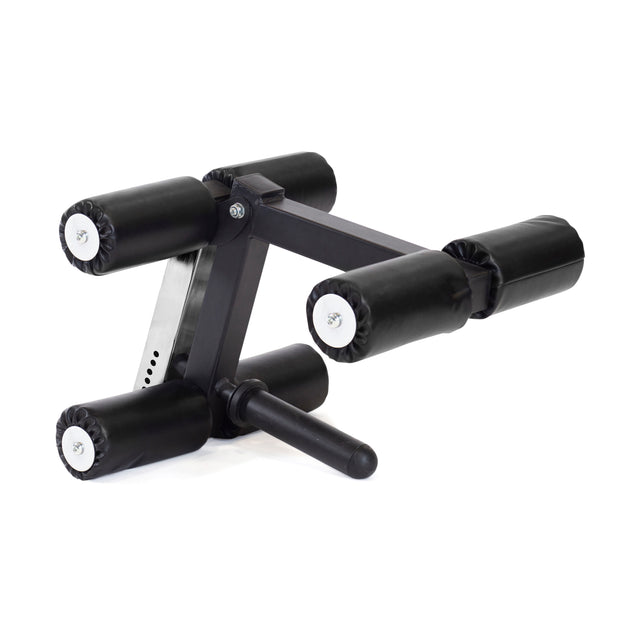 The Bells of Steel Bench Attachments have padded rollers for lower body exercises and an adapter, featuring a sleek black and silver design and an adjustment handle.