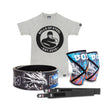 The Lever Belt Package by Bells of Steel USA includes a gray T-shirt with the "Bells of Steel Est. 2010" logo, a lever belt with a dragon design, colorful knee sleeves, black lifting straps accented in blue and red, and durable wrist wraps for optimal support.