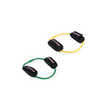 Two Human Trainer - Leg Cords by Bells of Steel USA, one yellow and one green, each featuring black padded ankle or wrist straps labeled “PROSPECS,” are designed as progressive tension leg bands for effective glute workouts and are shown on a white background.