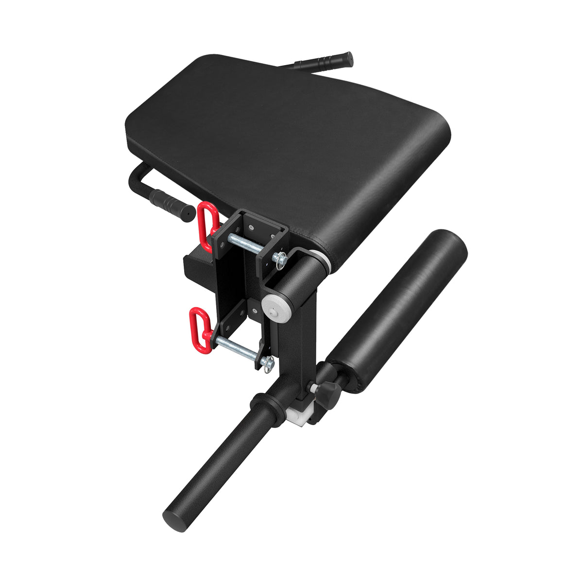 Bells of Steel Leg Curl / Leg Extension Rack attachment featuring a padded seat, foam leg rollers, and adjustment pins for a home gym.
