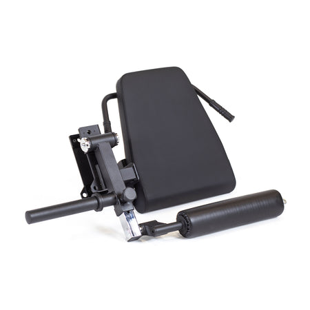 The adjustable black lumbar support cushion with a metallic frame and cylindrical bolster ensures ergonomic seating. It features a lever for customization, providing back support while complementing workout gear, like resistance bands or the Bells of Steel Leg Curl/Leg Extension Rack Attachment.