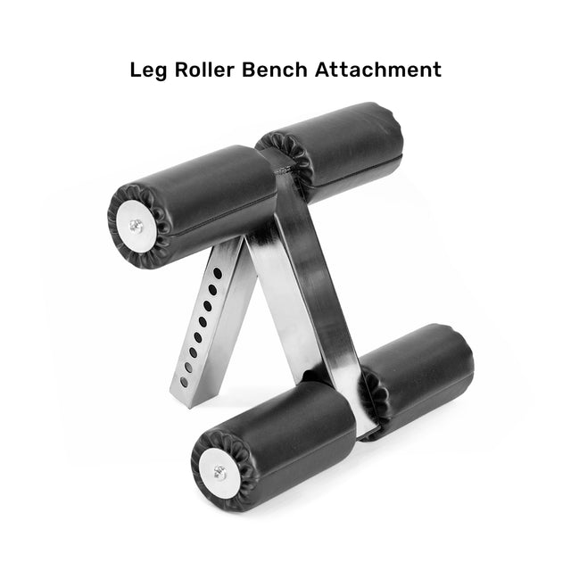 Bells of Steel Bench Attachments feature four padded rollers and an adjustable metal bracket, ideal for leg extensions. Set against a white background, this versatile adapter enhances workout regimens.