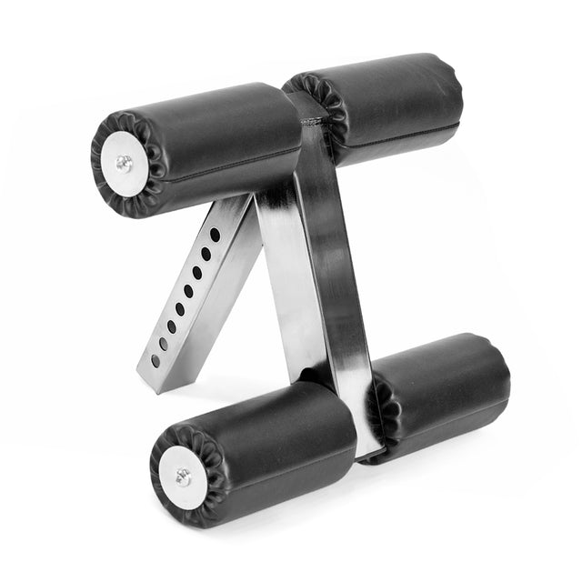 The Bench Attachments by Bells of Steel is a metal gym bench adapter ideal for leg extensions, featuring two sets of black padded rollers to securely hold feet. It’s versatile and adjustable, with multiple holes for easy height customization.