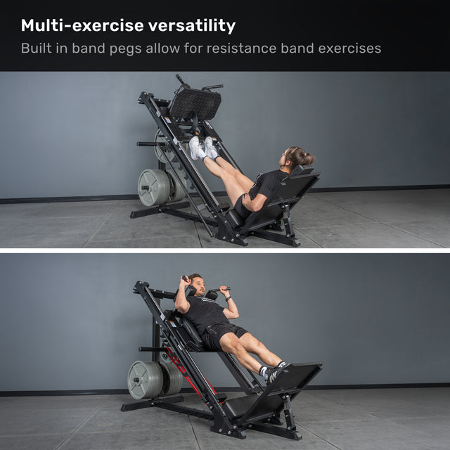 Two people use the Bells of Steel Leg Press Hack Squat Machine in a gym—one with resistance bands, the other with a standard press—showcasing this 2-in-1 machine’s versatility for any home gym.