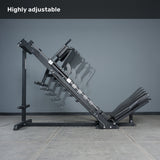 The Bells of Steel Leg Press Hack Squat Machine is displayed in several angled positions, showcasing its adjustable incline and decline range. Perfect for any home gym, with "Highly adjustable" text above against a plain gray wall and floor.