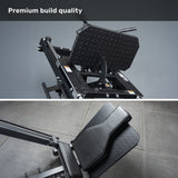 The Bells of Steel Leg Press Hack Squat Machine is shown from two angles, featuring a black finish, textured footplate, and padded seat. Text above states "Premium build quality." A sturdy upgrade for your home gym equipment.