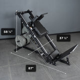 The Bells of Steel Leg Press Hack Squat Machine is shown on a gray tiled floor with white dashed measurement lines: 58 1/4" tall, 37 1/2" wide, and 87" long—perfect for any home gym.