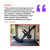 A customer review praises the Bells of Steel Leg Press Hack Squat Machine in a garage gym, noting improved workouts and efficiency. Above the photo, the bold review appears with quote and user icons.