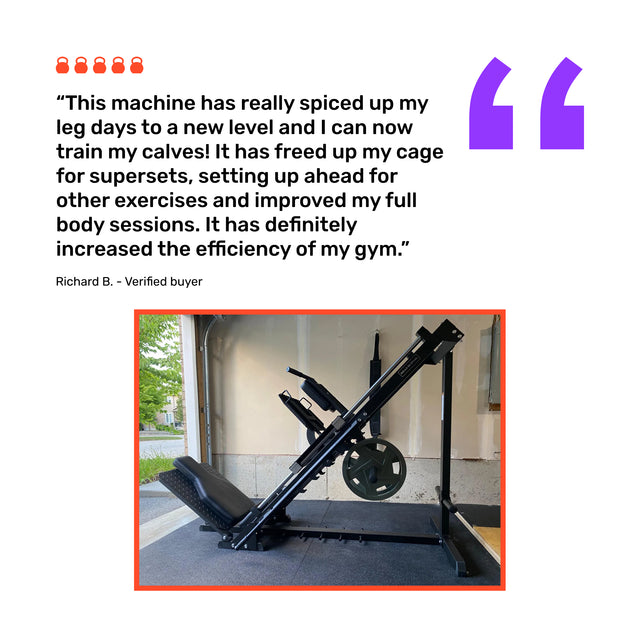 A customer review praises the Bells of Steel Leg Press Hack Squat Machine in a garage gym, noting improved workouts and efficiency. Above the photo, the bold review appears with quote and user icons.