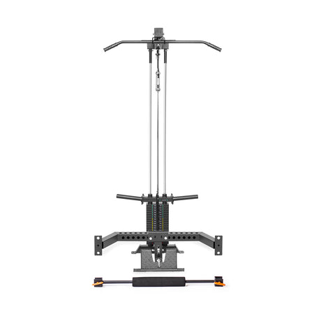 The Bells of Steel Lat Pulldown & Low Row Rack Attachment for Hydra & Manticore is a sleek, minimalist home gym machine. It includes a pulley system for cable exercises, adjustable weights, and multiple grips on a black and gray frame.