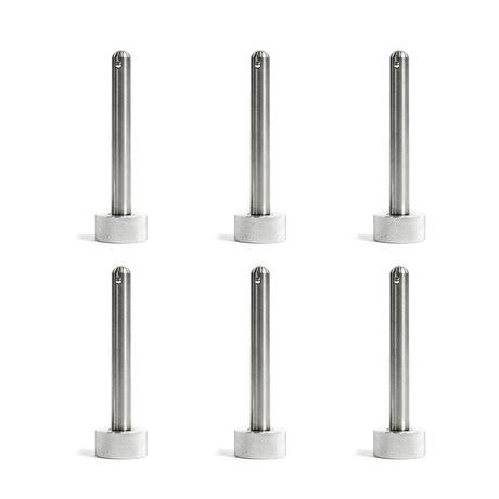 Six identical Bells of Steel Magnetic Rack Attachment Pins with knurled bases are arranged in two rows of three on a white background. These precision-engineered pins are commonly used as power rack attachments.
