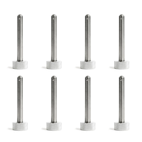Eight identical Bells of Steel Magnetic Rack Attachment Pins with hexagonal bases are evenly spaced in two rows of four on a white background, ideal for organizing your gym setup.