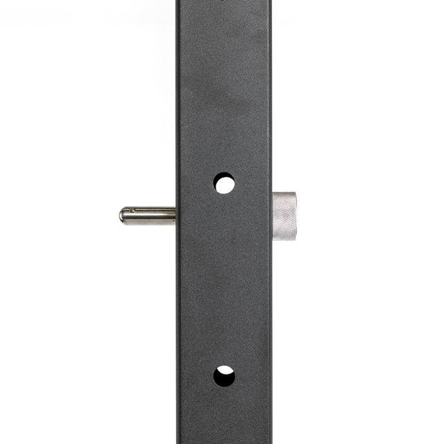 Close-up of a dark metal vertical bar with round holes, highlighting Bells of Steel Magnetic Rack Attachment Pins and a silver peg inserted through one hole, isolated on a white background.