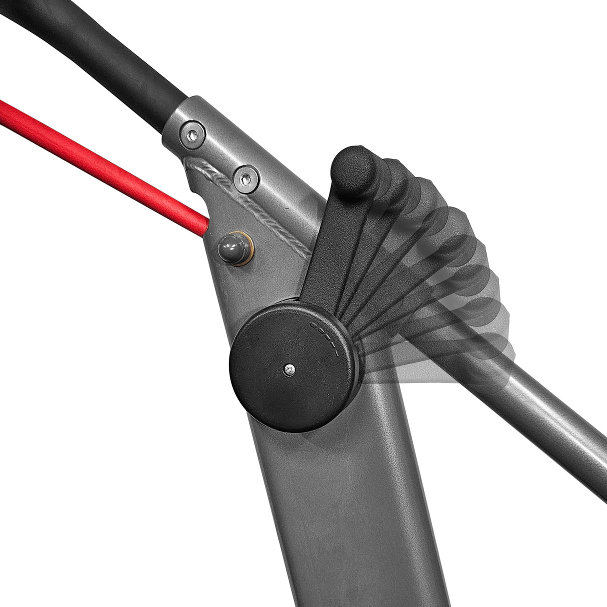 A close-up of the Bells of Steel Sisyphean Stepper shows a black handle with multiple positions on a gray surface. A red cable runs parallel to the handle, connecting to an adjustable component that illustrates its range of motion, perfect for enhancing your home gym setup.