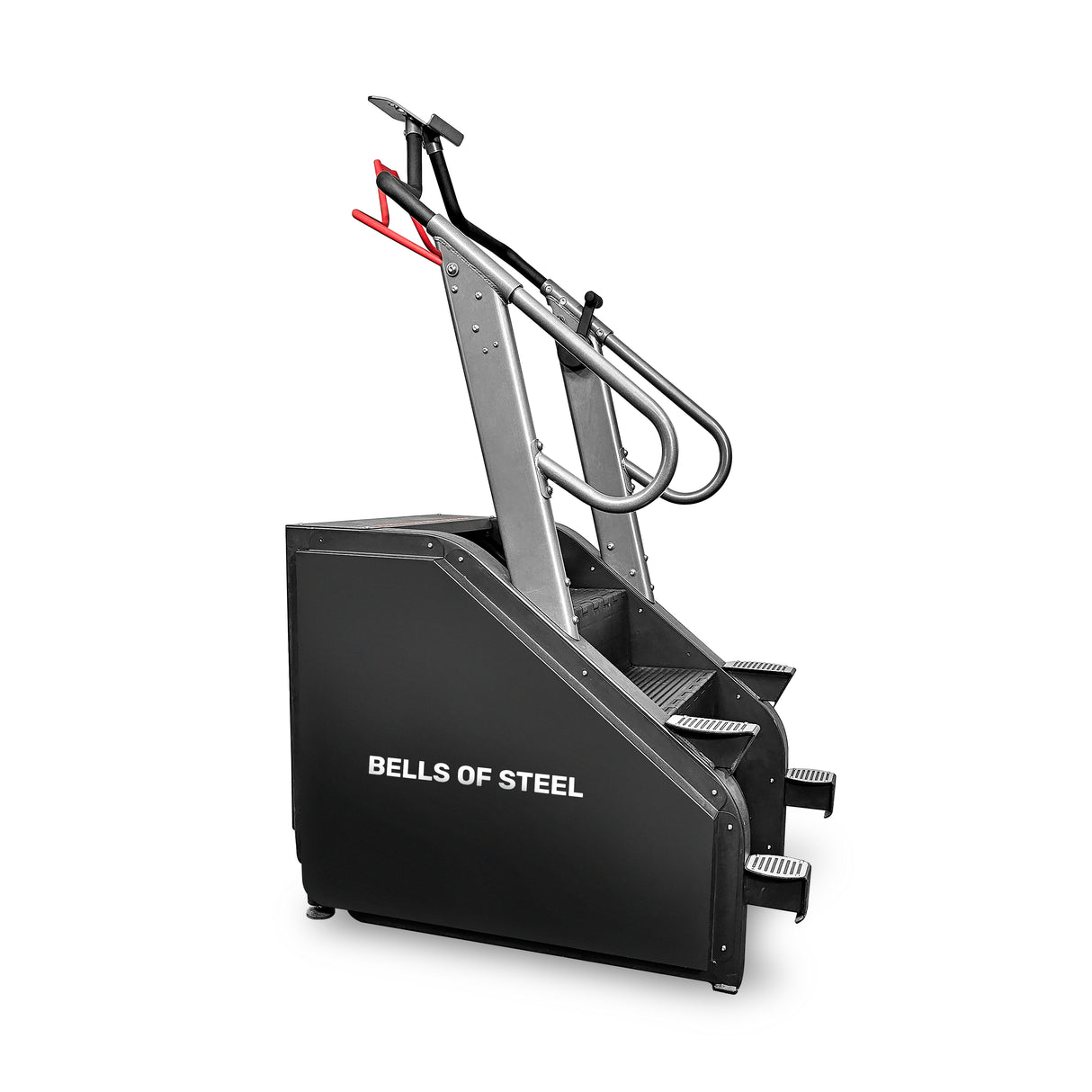 Introducing the Bells of Steel Sisyphean Stepper, a stylish black and gray manual stair climber for your home gym. With two durable handlebars and three visible steps, it's crafted to elevate your cardio workouts.